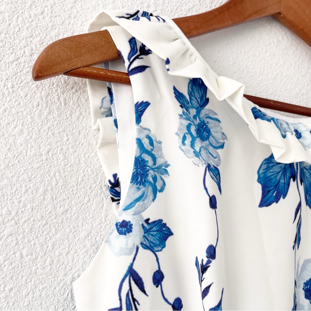 Camilyn Beth Go Go Dress Ruffle Collar Open Back Buttons in Blue White - Picture 3 of 9